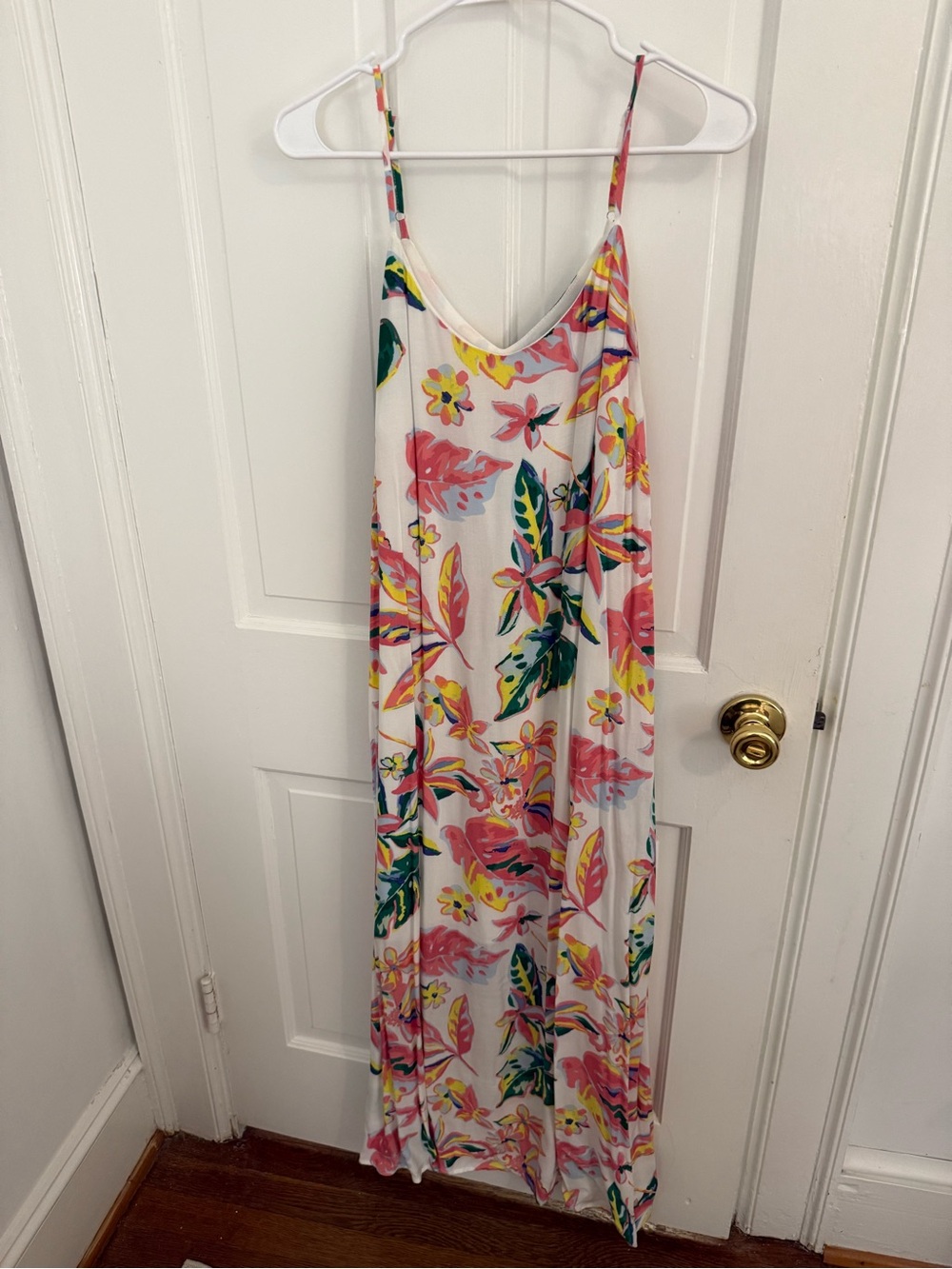 White Floral Maxi Dress with Pink & Green Print